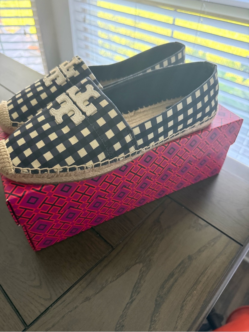 Tory Burch Navy and White Gingham Espadrille Flats - Picture 8 of 10